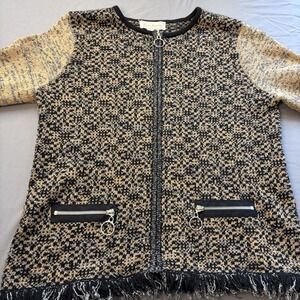 Susan Bristol Women's M Black Tan Geometric Knit Zipper‎ Fringe Cardigan Sweater